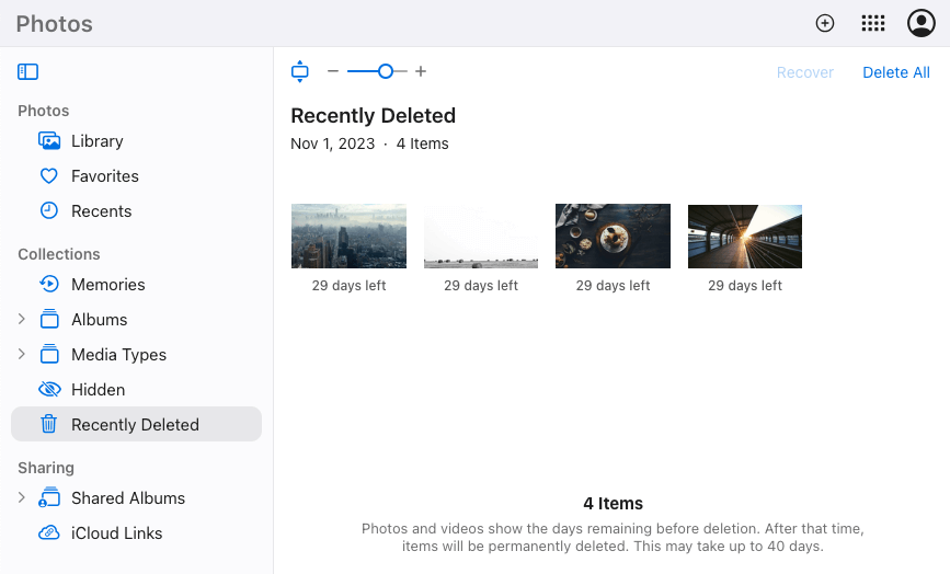 iCloud Photos showing Recently Deleted in the left sidbar