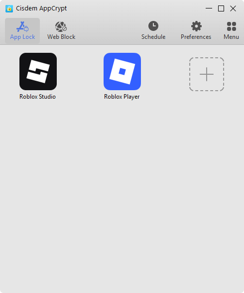 Cisdem AppCrypt's App Lock tab showing a big Add icon and two added games