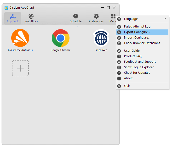 a menu showing Export Configure, Import Configure, and several other options