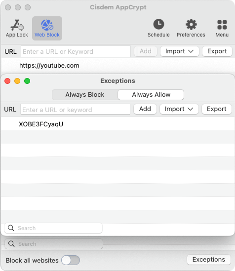 Always Allow list showing that YouTube Video IDs have been added