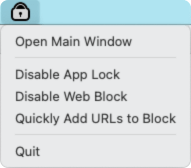 clicking the lock icon bringing up a menu, with Open Main Window being selected