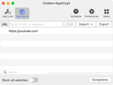 Web Block tab showing that youtube.com is added to block
