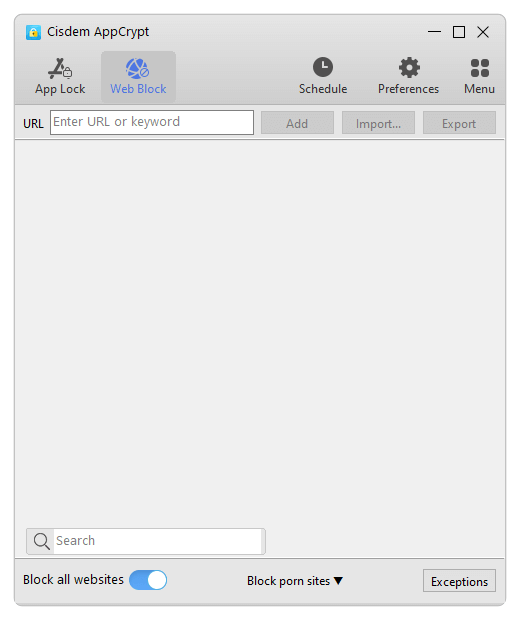 the Web Block tab showing a Block all websites option in the bottom left corner, with the option being enabled
