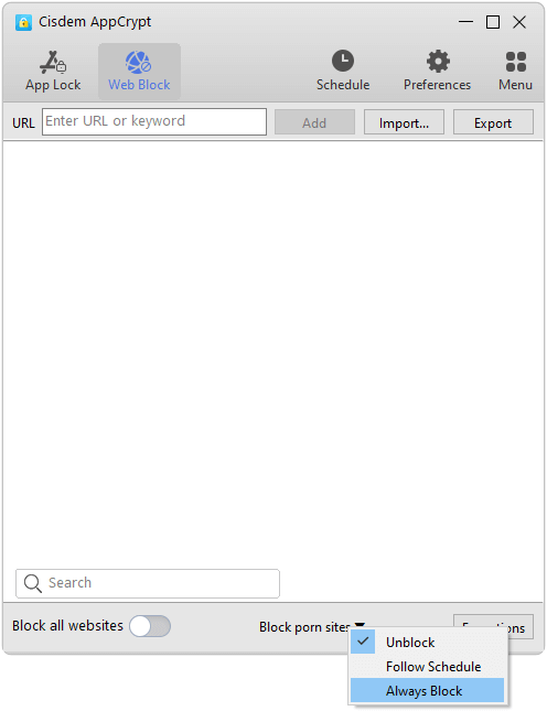 the Block porn sites menu showing three options, with the Always Block option being selected