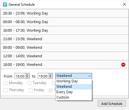 a General Schedule dialog showing different schedules for weekdays and weekends