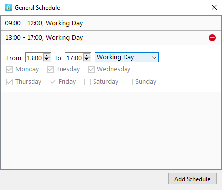 General Schedule dialog box showing a schedule for weekdays