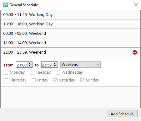 a General Schedule dialog showing different schedules for working days and weekends