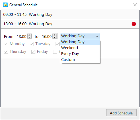 a General Schedule dialog showing two schedules and an Add Schedule button
