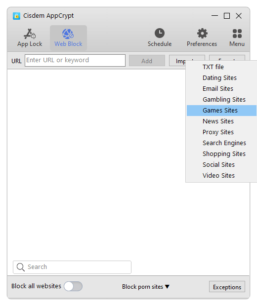 the Web Block tab showing a menu of several website categories, with the Games Sites category being selected