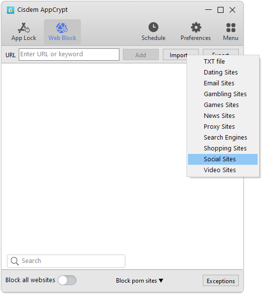 the Import dropdown menu showing several website categories, with the Social Sites category being selected