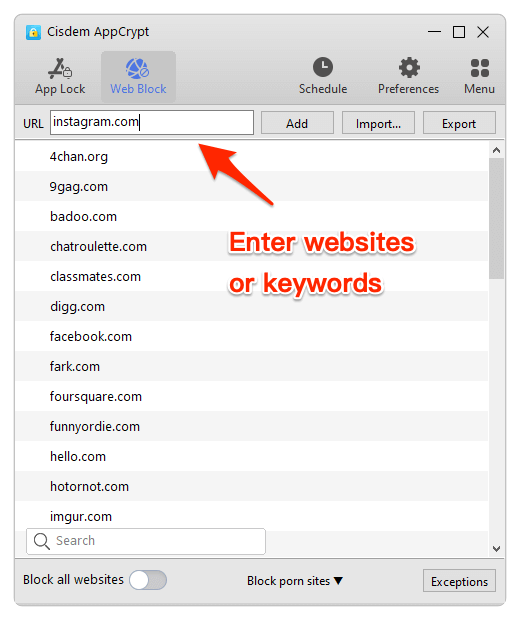 Web Block tab showing that a website is added to the URL field