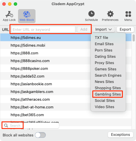 Web Block tab showing an Import menu, with the Gambling Sites option being selected, along with an URL field, a Search box, and more