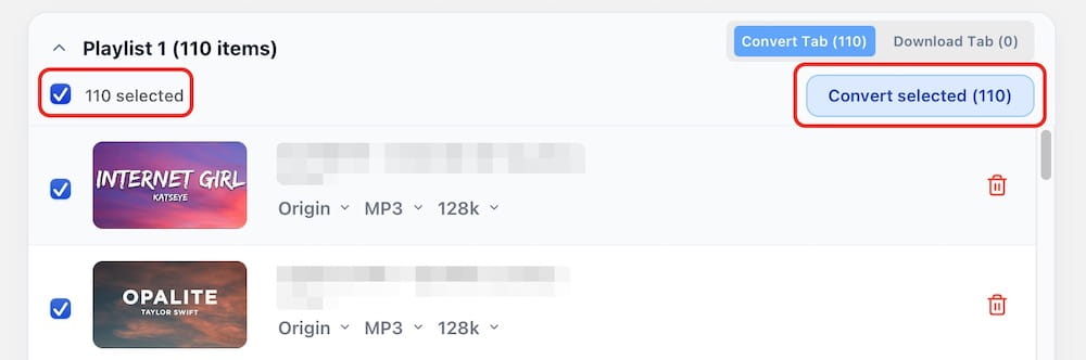 convert selected songs
