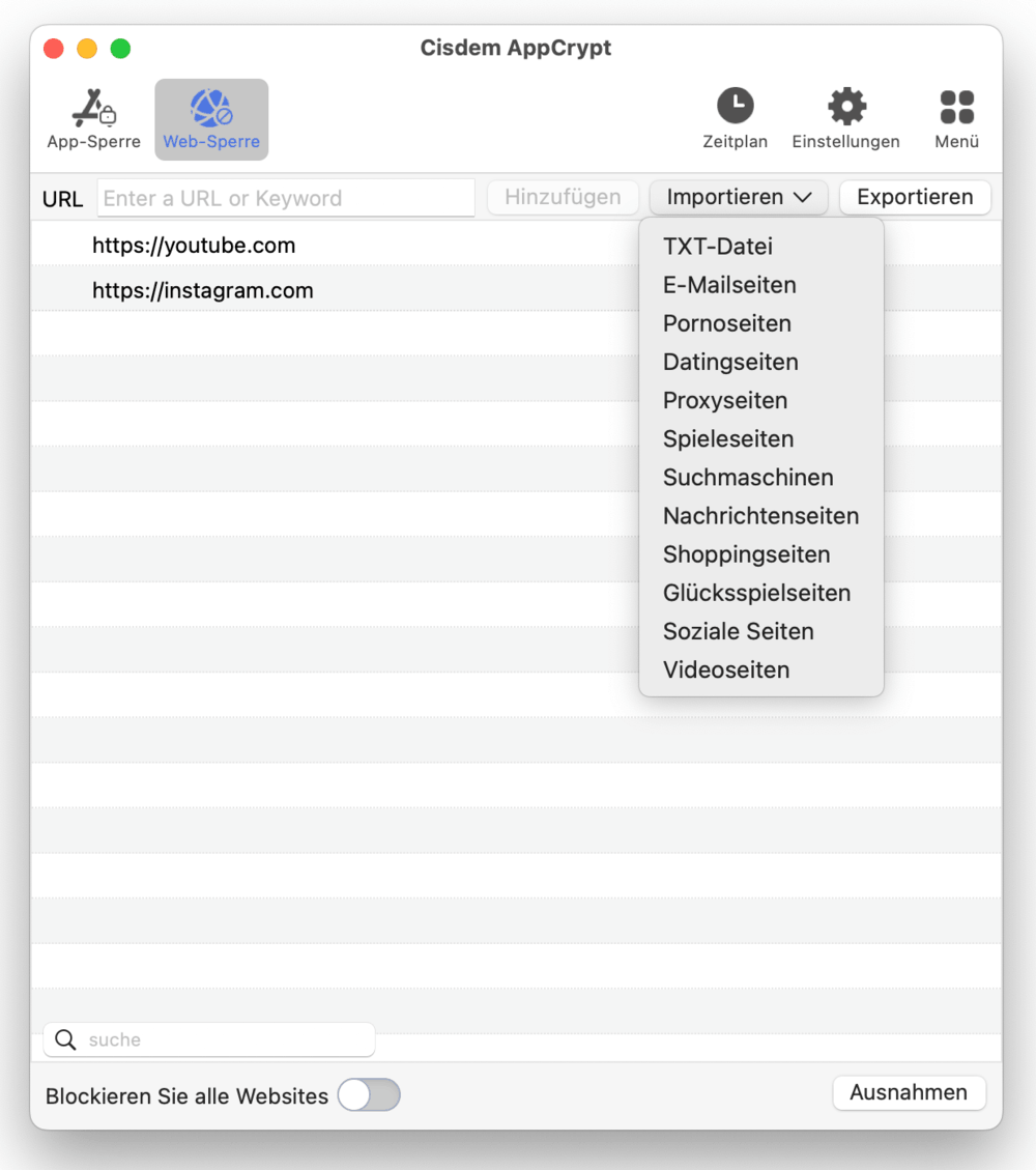Geben Sie eine zu blockierende Website ein