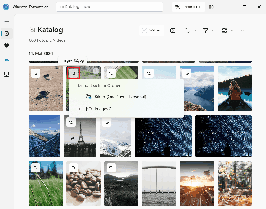the All Photos tab in Microsoft Photos showing several duplicate photos