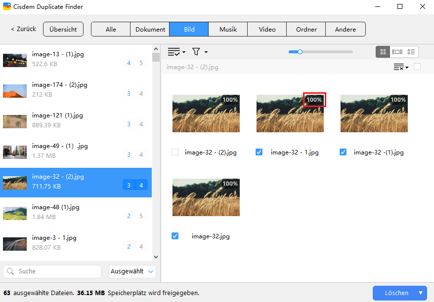 Die gefundenen doppelten Fotos werden mit Vorschau angezeigt