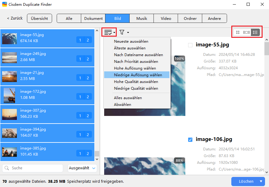 Gruppen doppelter Fotos, die gefunden werden