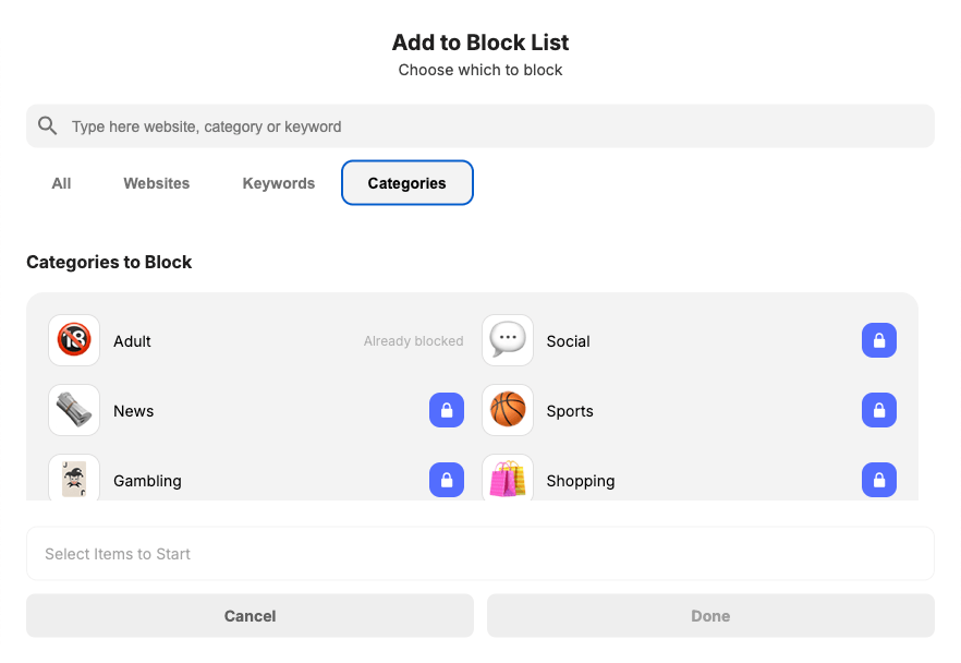 Categories tab showing Shopping and a few other categories