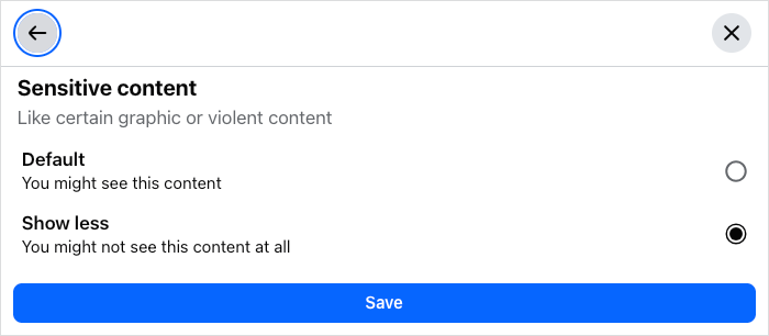 the Sensitive content dialog showing that the Reduce more option is selected