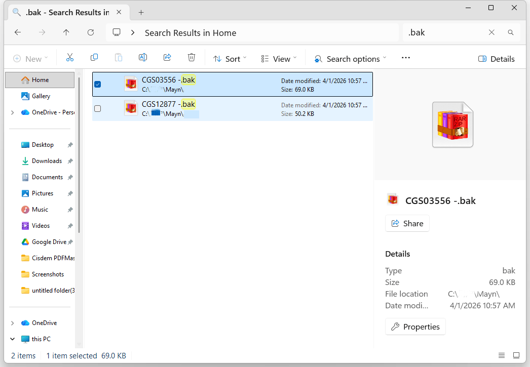 search bak file windows