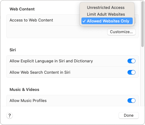 the Web Content menu showing three options, with Allowed Websites Only being selected