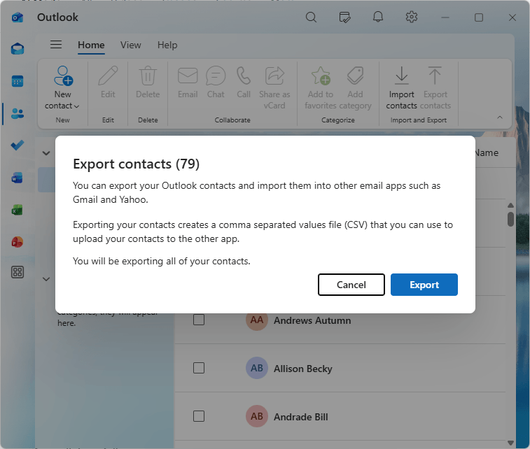 Export contacts dialog showing a message telling users contacts will be exported as a CSV file
