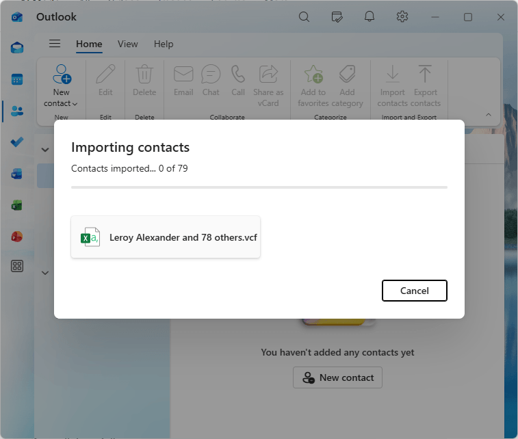 Import contacts dialog showing a VCF file and the importing progress