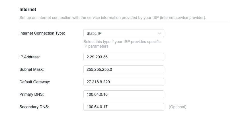 Internet settings screen showing DNS settings