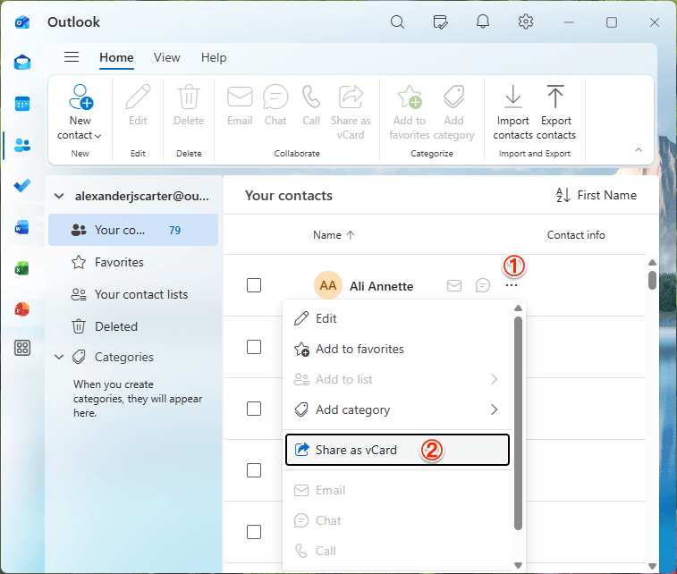 Selecting the Share as vCard option for a specific contact