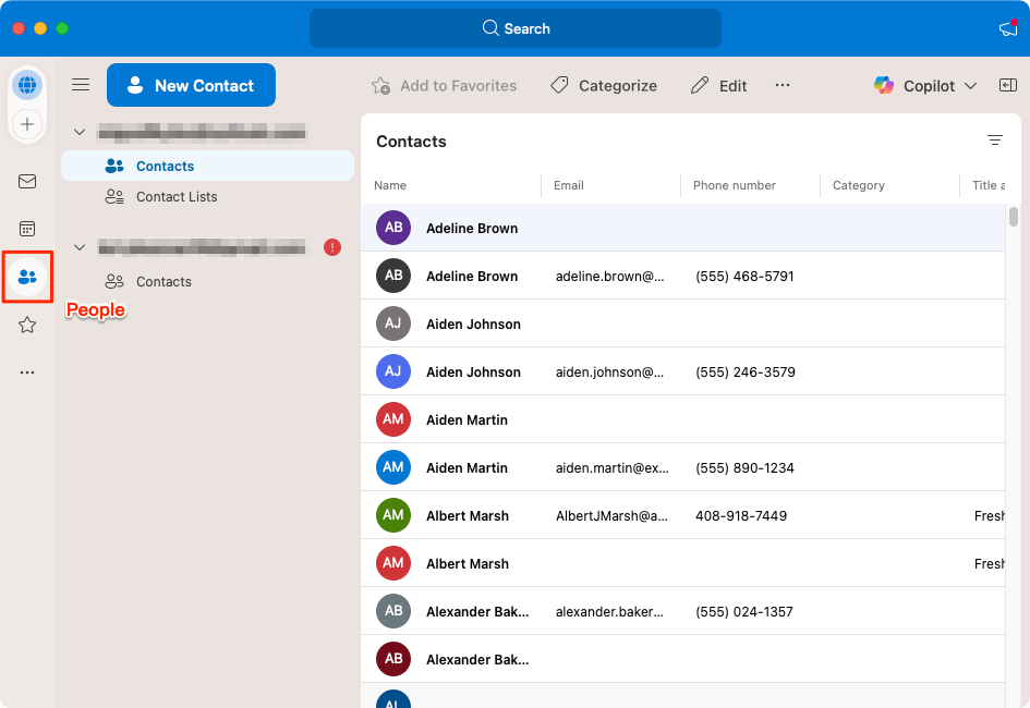 People interface in the Outlook app