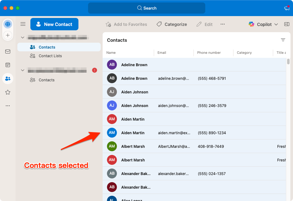 Contacts selected in Outlook