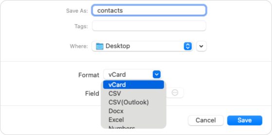 a dialog showing that vCard is selected as the format