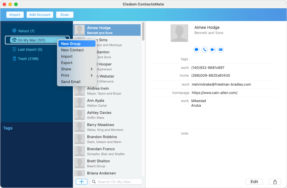 clicking On My Mac in the sidebar bringing up a menu, which includes New Group and a few other options