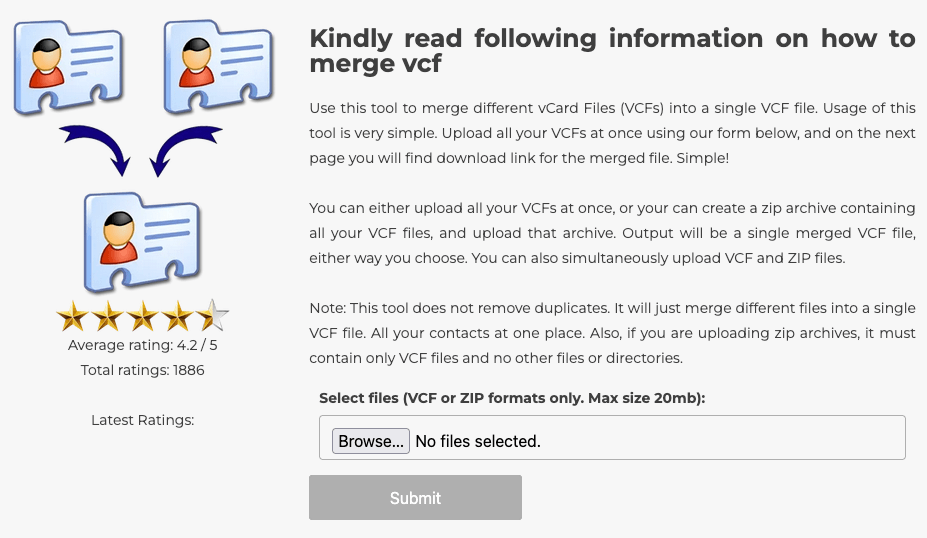 a Select files section showing a Browse button and a Submit button
