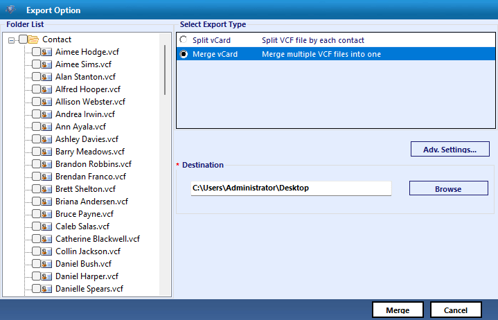 Export Option dialog showing a list of contacts on the left and a Merge vCard option on the right