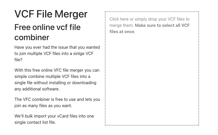 a box showing a message that asks users to drop vCard files to merge