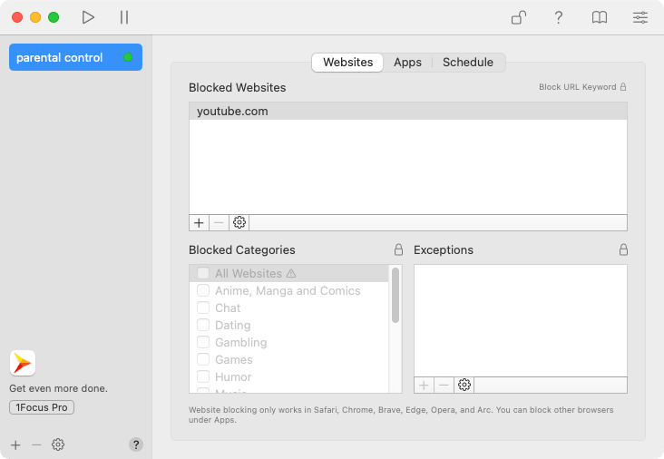 the Websites tab in 1Focus
