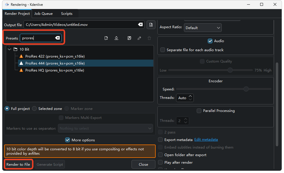 choose preset and render to file
