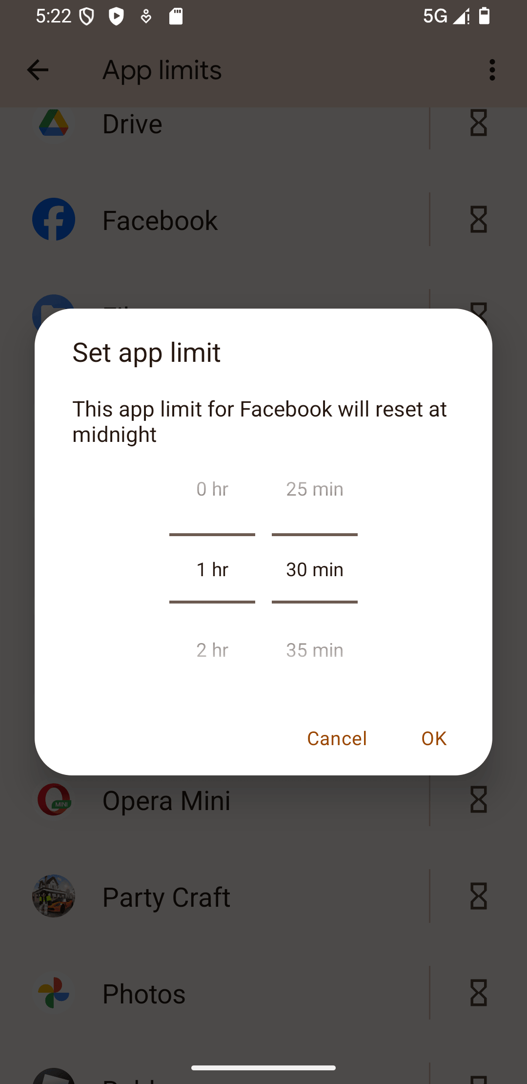 Set app limit dialog for Facebook