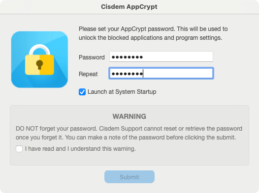 Cisdem AppCrypt's password setup screen