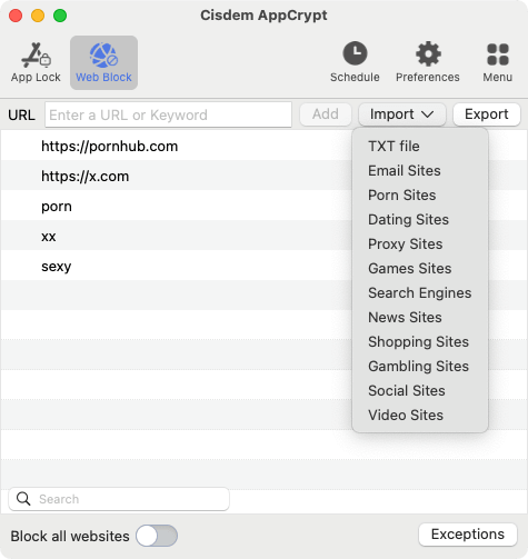 Web Block tab showing a few porn websites and keywords on the list, along with an Import dropdown menu