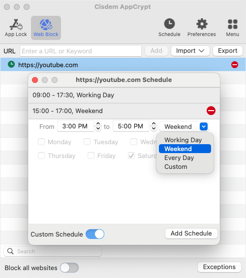 a schedule dialog showing a Custom Schedule option and scheduling settings
