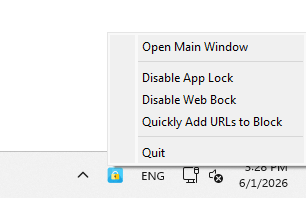 a menu showing Open Main Window along with a few other options