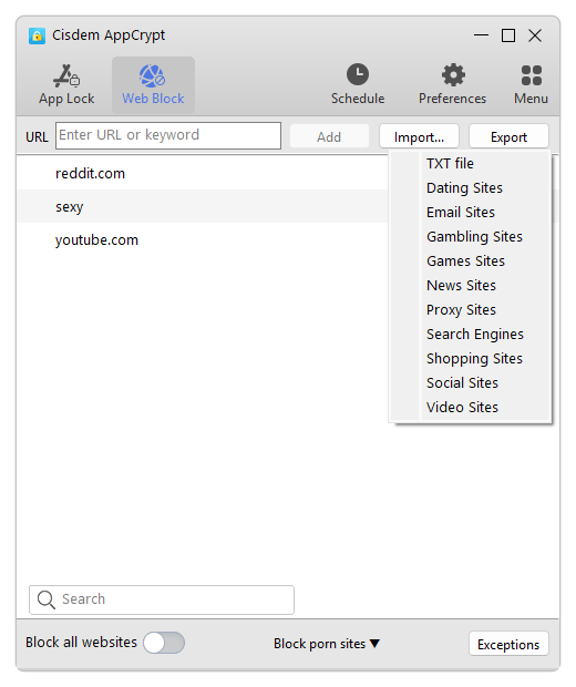 Cisdem AppCrypt's Web Block tab showing a field for entering URL or keyword, along with a menu featuring ten website categories
