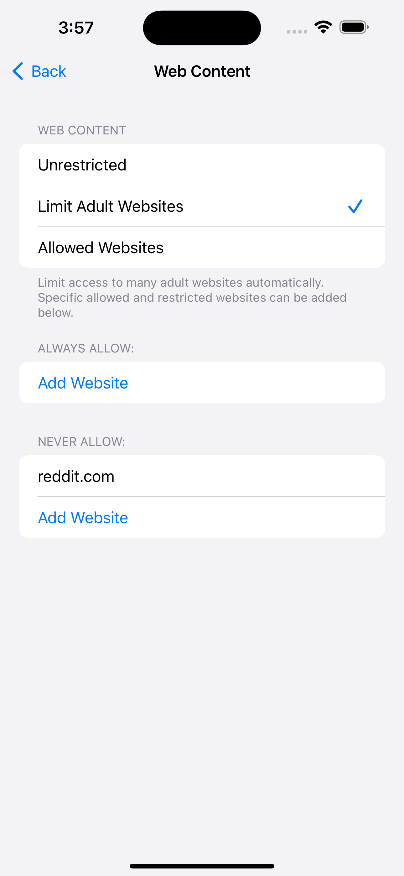 Web Content interface showing that reddit.com is on the Never Allow list