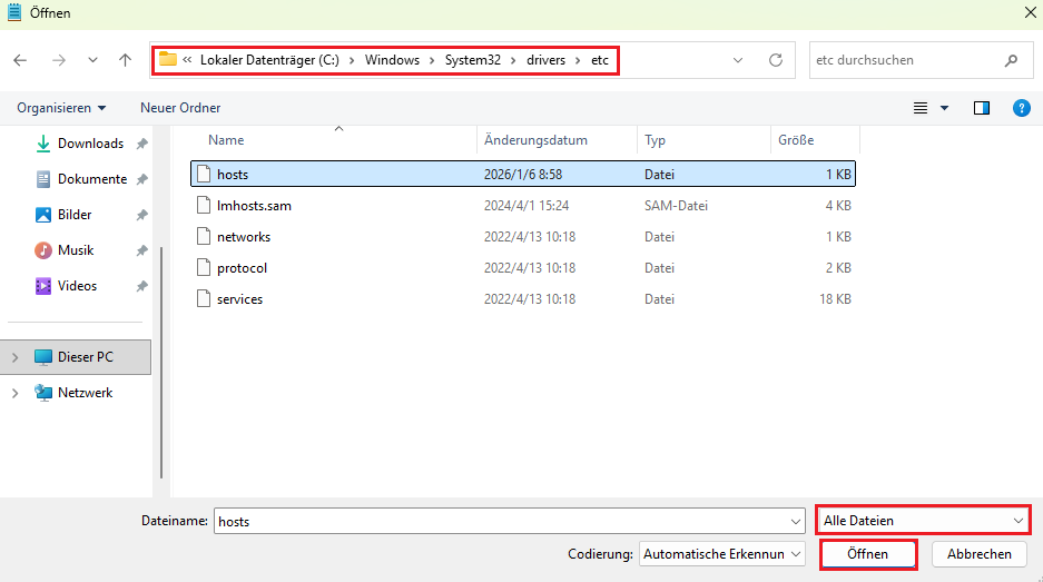open hosts file