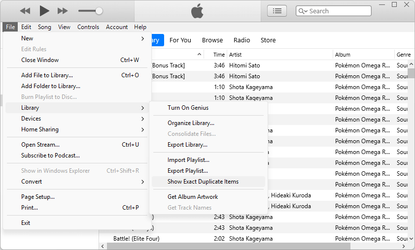 choosing the Library option in the File menu showing the Show Duplicate Items option