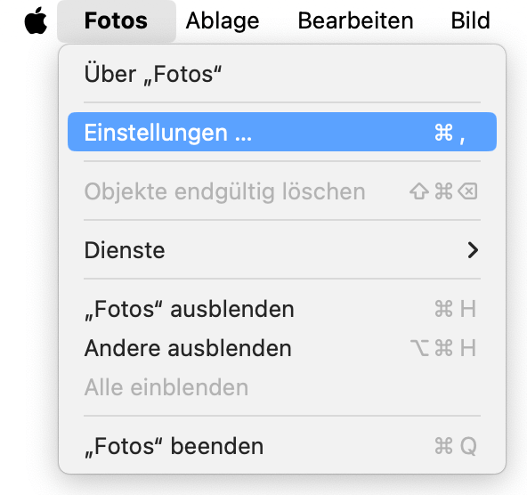 clicking the Photos menu brings up Preferences