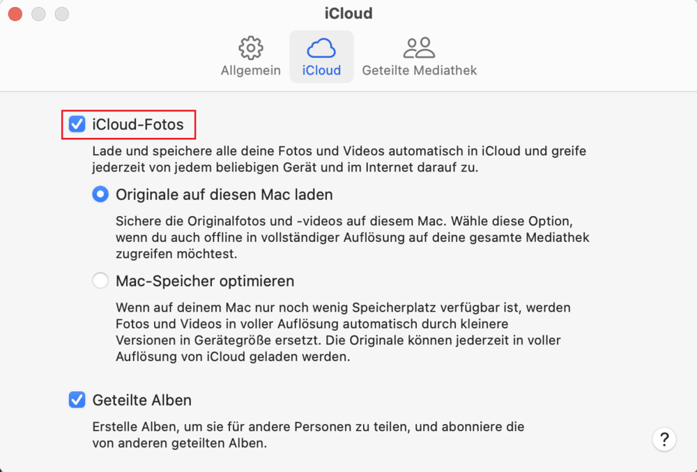 the iCloud Photos checkbox is selected