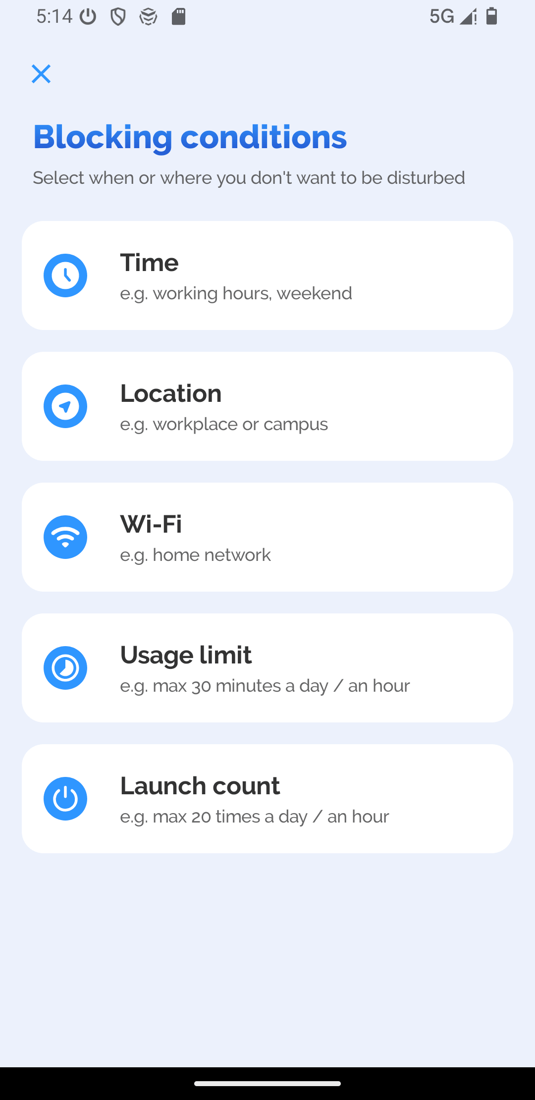 AppBlock showing Blocking conditions interface with a few options, such as Time and Location